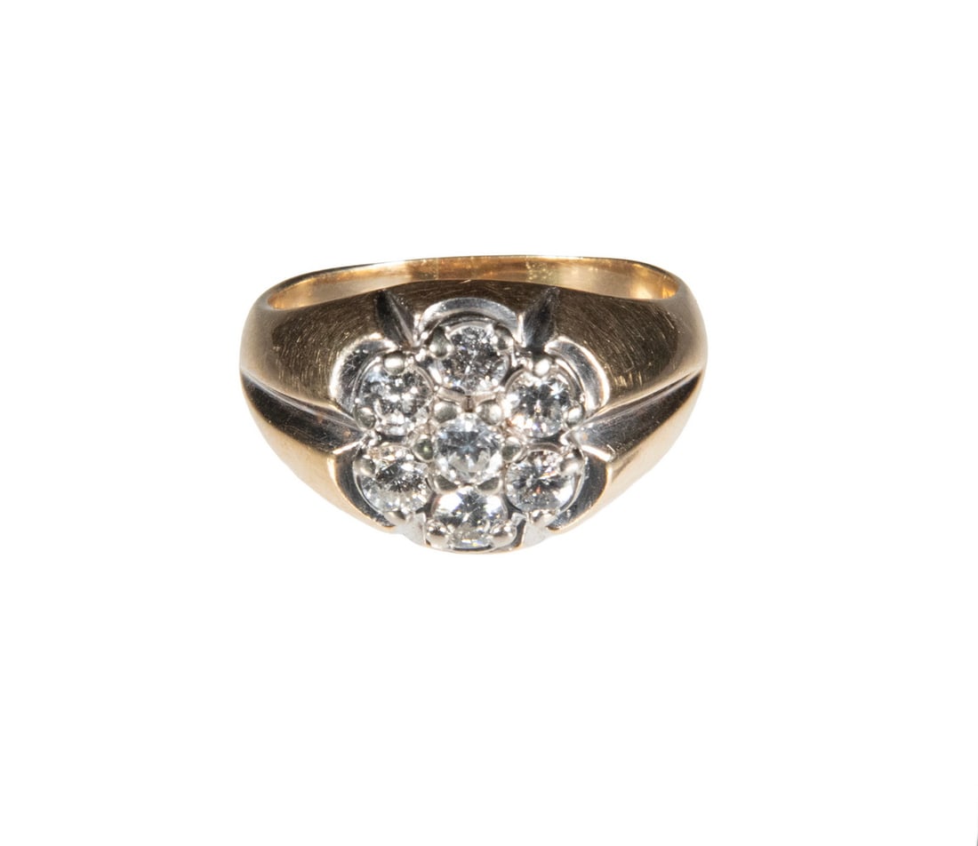 VINTAGE 14K GOLD DIAMOND CLUSTER RING: VINTAGE 14K GOLD DIAMOND CLUSTER RING A 14K yellow gold ring set with (7) round-cut diamonds arranged in a floral-style cluster. Each diamond is approximately 0.15 carat, mounted in prongs atop a gent