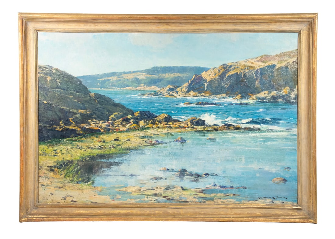 ALEXANDER BOWER (NY/ME/DE, 1875-1952): ALEXANDER BOWER (NY/ME/DE, 1875-1952) Maine Coast Inlet, oil on cradled hardboard, signed lower right, in gilt hand carved cove frame. OS: 28 x 40 in. (71.1 x 101.6 cm.), SS: 23 1/2 x 35 1/2 in.