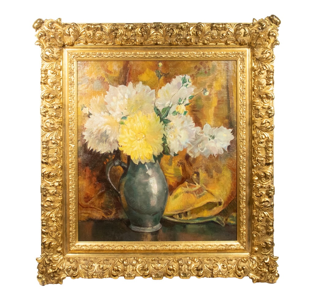 LAURA COOMBS HILL (MA, 1859-1952): LAURA COOMBS HILL (MA, 1859-1952) American Impressionist Still Life depicting Pewter Pitcher Full of White and Yellow Mums and Gardenias, oil on canvas, signed lower right. Housed in a magnificent mat