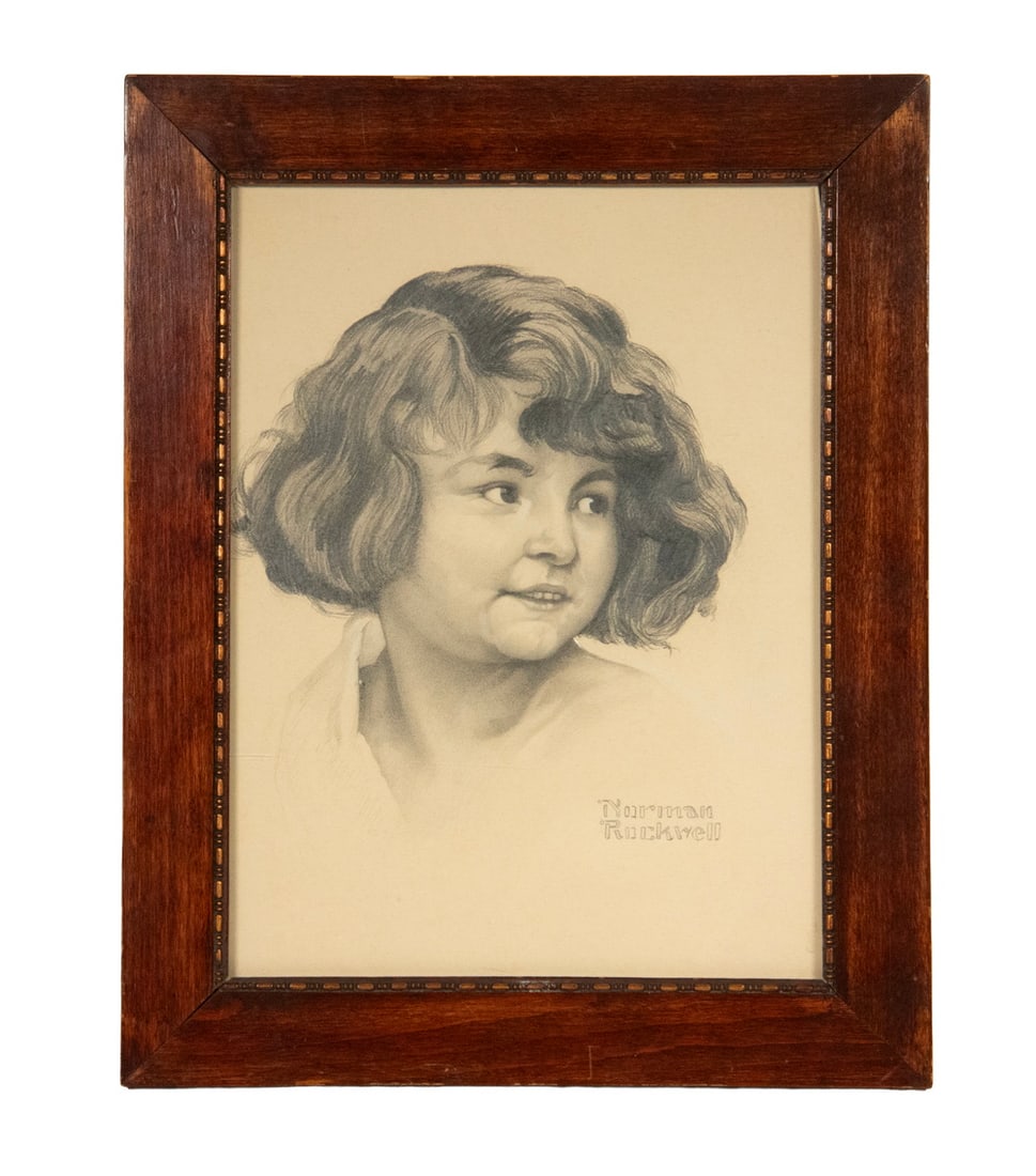 NORMAN PERCEVEL ROCKWELL (NY/MA, 1894-1978): NORMAN PERCEVEL ROCKWELL (NY/MA, 1894-1978) Head of Smiling Girl with cropped hair, head turned right, graphite on paper, circa 1935, signed lower right, in mahogany flat frame with gold liner, fine