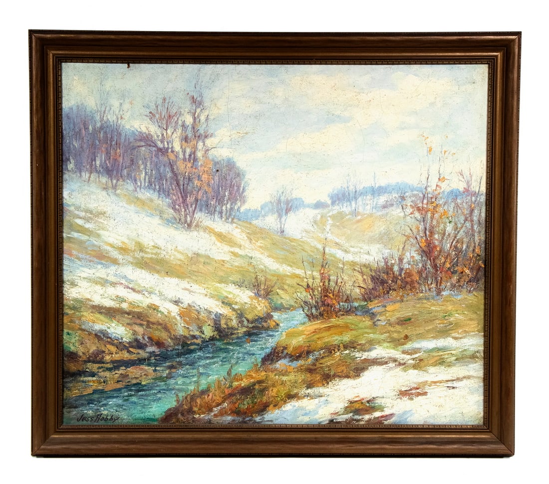 JESSE CARL HOBBY (IL, 1871-1938): JESSE CARL HOBBY (IL, 1871-1938) "Spring Thaw", oil on canvasboard, signed lower left, depicting sloped banks of stream having emerging green grass under snow. In a molded Dutch gold frame. Fine