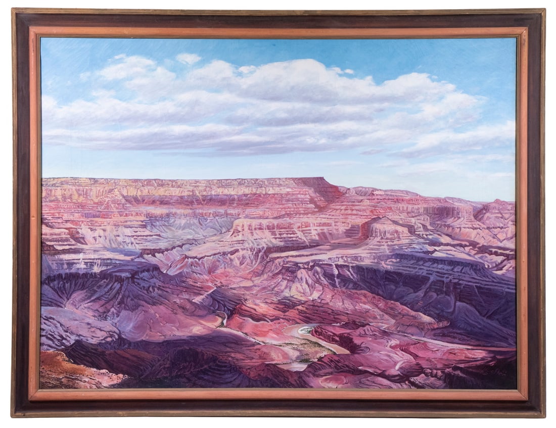 ARTHUR HOEFLER (FL/NJ, 1904-1984): ARTHUR HOEFLER (FL/NJ, 1904-1984) Monumental View of the Grand Canyon, oil on canvas, signed lower right, circa 1940's. In pink, dark pine and gold molded frame. Craquelure in sky. OS: 46 x 60 in.