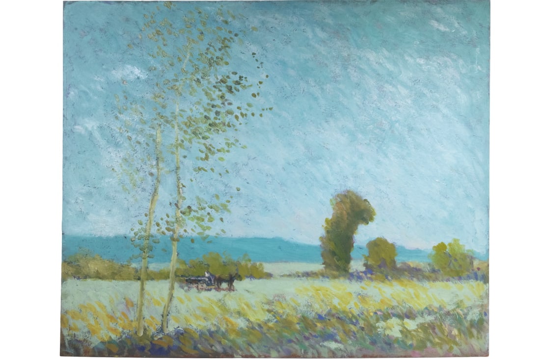 ROBERT FRANKLIN GAULT (CT/MA, 1898-1977): ROBERT FRANKLIN GAULT (CT/MA, 1898-1977) Hay wagon in Landscape, American Impressionist, oil on masonite, unsigned but from the artist's estate. Unframed. Size: 20 x 24 in. (50.8 x 61 cm.)