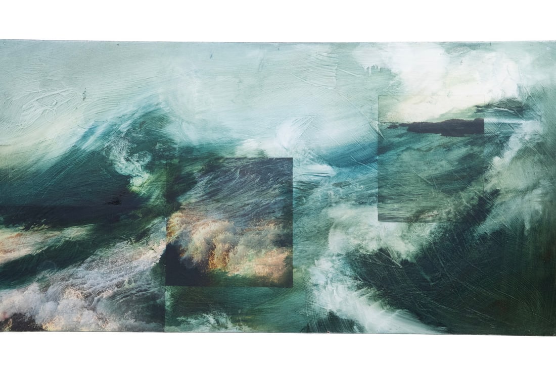 SUSAN BARNES (MT/MA, 1950 -): SUSAN BARNES (MT/MA, 1950 - ) "Ocean 394", mixed media on panel, signed and titled verso, also with Greenhut Galleries of Portland, Maine verso. Unframed with painted edge. Size: 24 x 48 in. (61 x