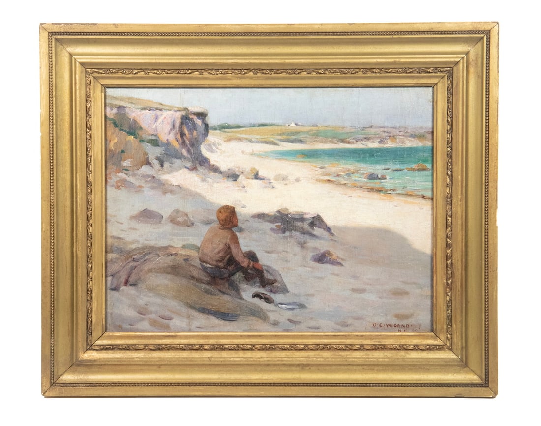 OTTO CHARLES WIGAND (NY, 1856-1944): OTTO CHARLES WIGAND (NY, 1856-1944) Boy Seated on Beach that is half sun and half shade, oil on linen, signed lower right and marked "NY, '96", having a lengthy, illegible charcoal inscription verso.
