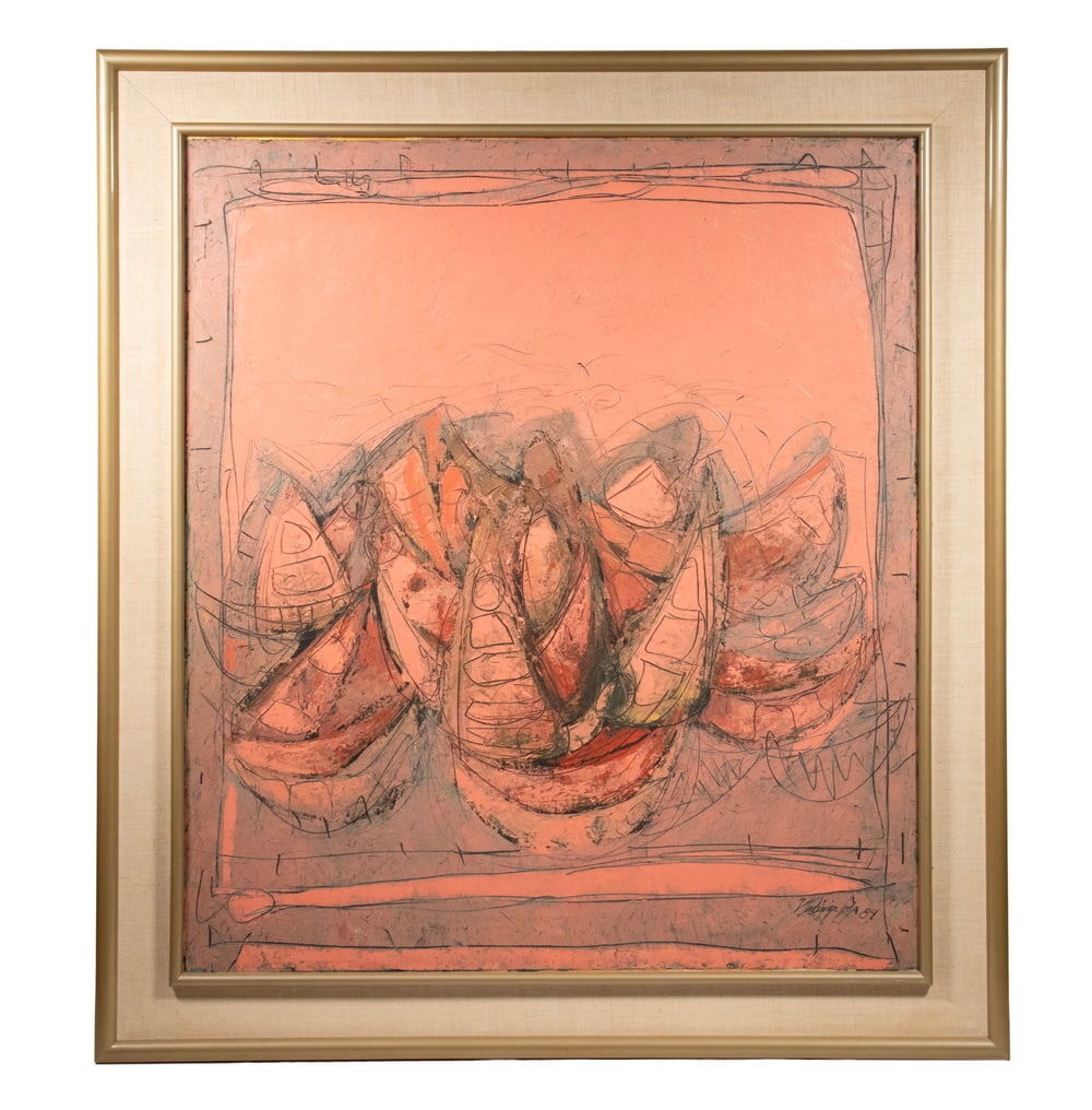 VLADIMIR CORA (CA/MEX, 1951 -): VLADIMIR CORA (CA/MEX, 1951 - ) "Melones", impasto oil with sgraffito, signed lower right and dated '84, signed, titled and dated verso. In gold half round and linen panel frame. OS: 38" x 34", SS: