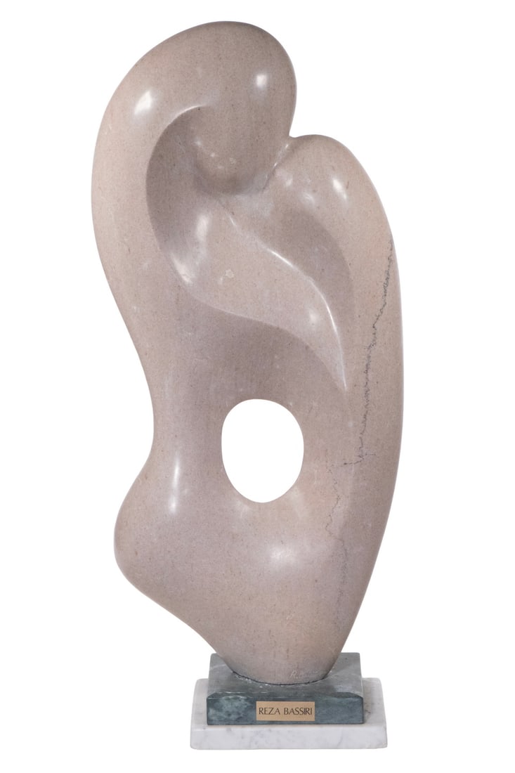 REZA BASSIRI (IRAN/CANADA, 20TH CENTURY): REZA BASSIRI (IRAN/CANADA, 20TH CENTURY) Embrace, pair of modernist abstract figures in one, pink marble on layered green and white marble integral base. Brass name tag. Size: 37 x 18 x 8 1/2 in. (94