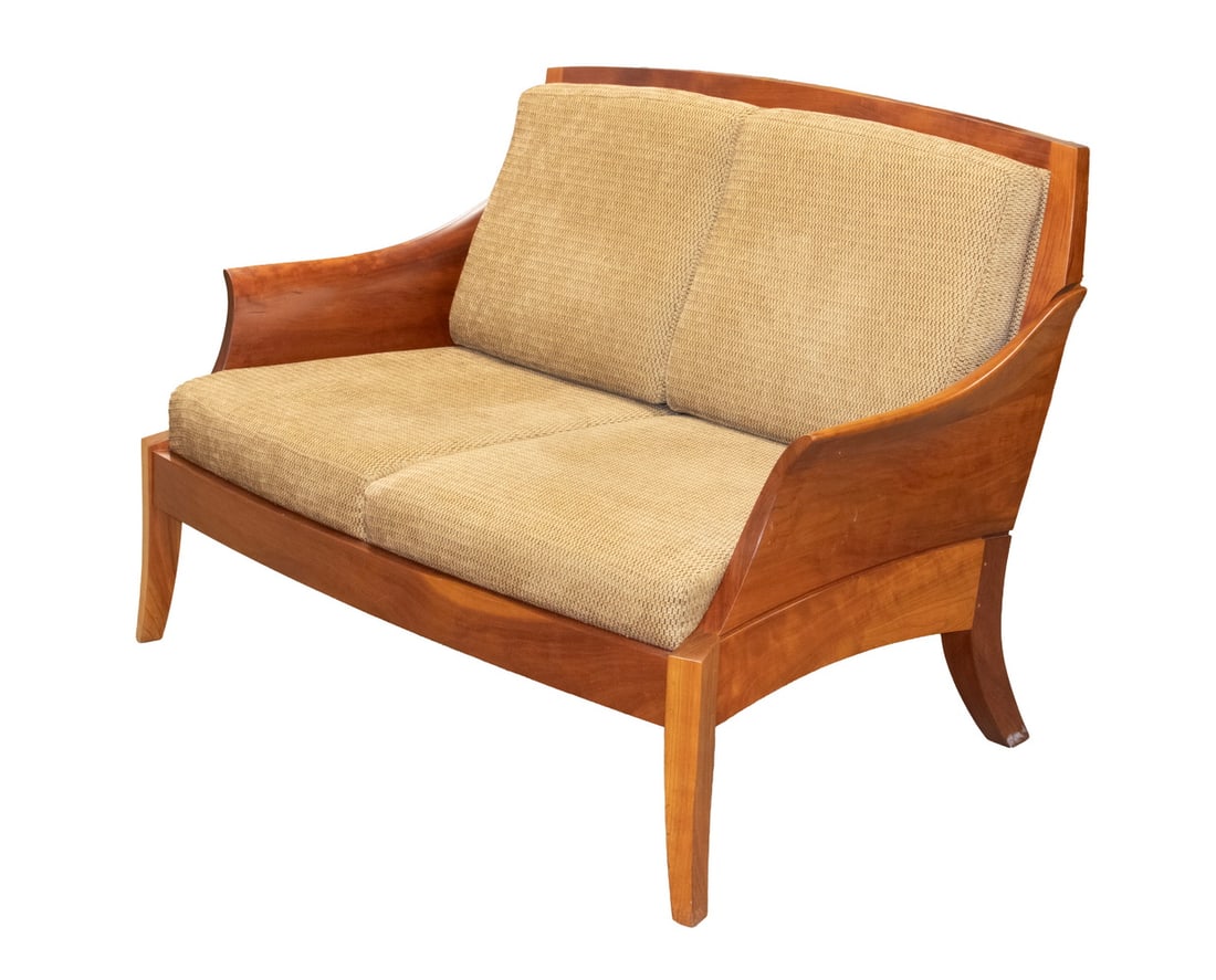 THOMAS MOSER CABINETMAKERS "WING" SOFA: THOMAS MOSER CABINETMAKERS "WING" SOFA Hand Crafted Cherry Wood Two-Seater Settee, with chenille upholstered back and seat cushions, curved back, sculpted flared wooden arms, set on flared legs. Under