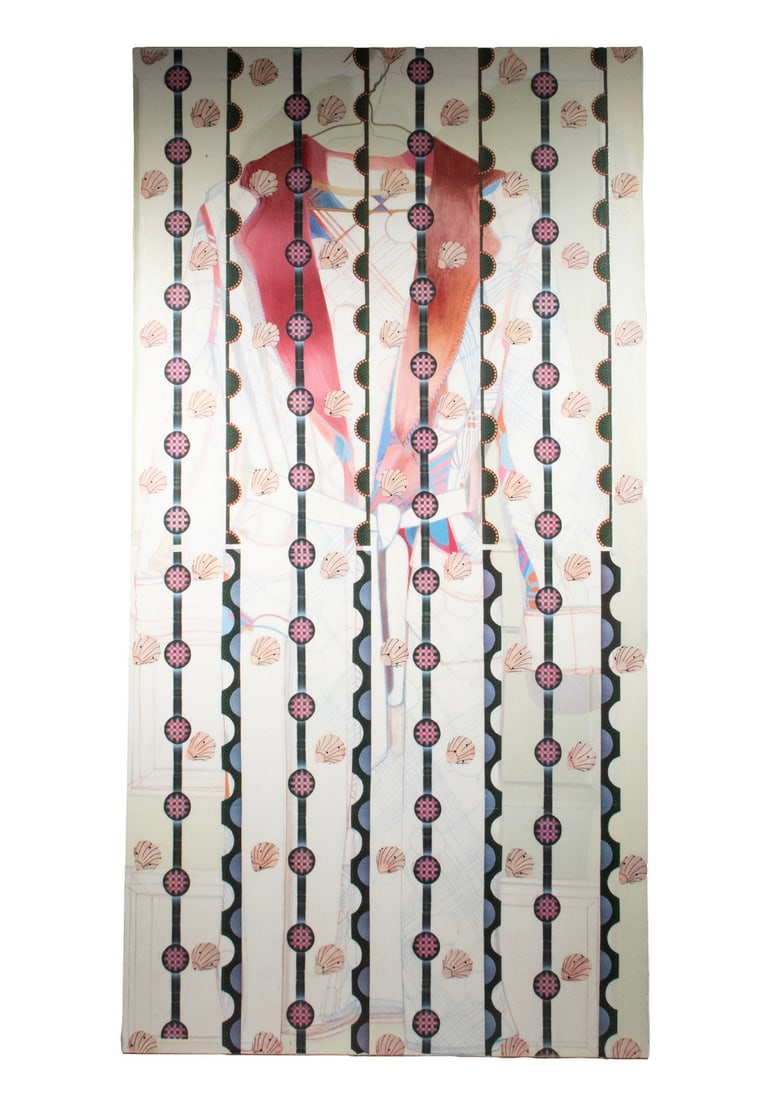 JEANETTE RAMAGE (POMPANO BEACH, FL.): JEANETTE RAMAGE (POMPANO BEACH, FL.) "The Bathrobe", Fragmented Realist oil on canvas, signed and titled on stretcher (window screen as stretcher), label from Padulo, Longstreth & Goldberg Art of