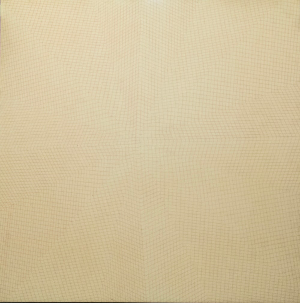 LARGE PAINTING BY UNIDENTIFIED MODERN ARTIST: LARGE PAINTING BY UNIDENTIFIED MODERN ARTIST Geometric Op Art Abstract of a Red Net over Buff Field, having herringbone breaks, rendered with infinite patience on MDF boxed panel, coated by a thick