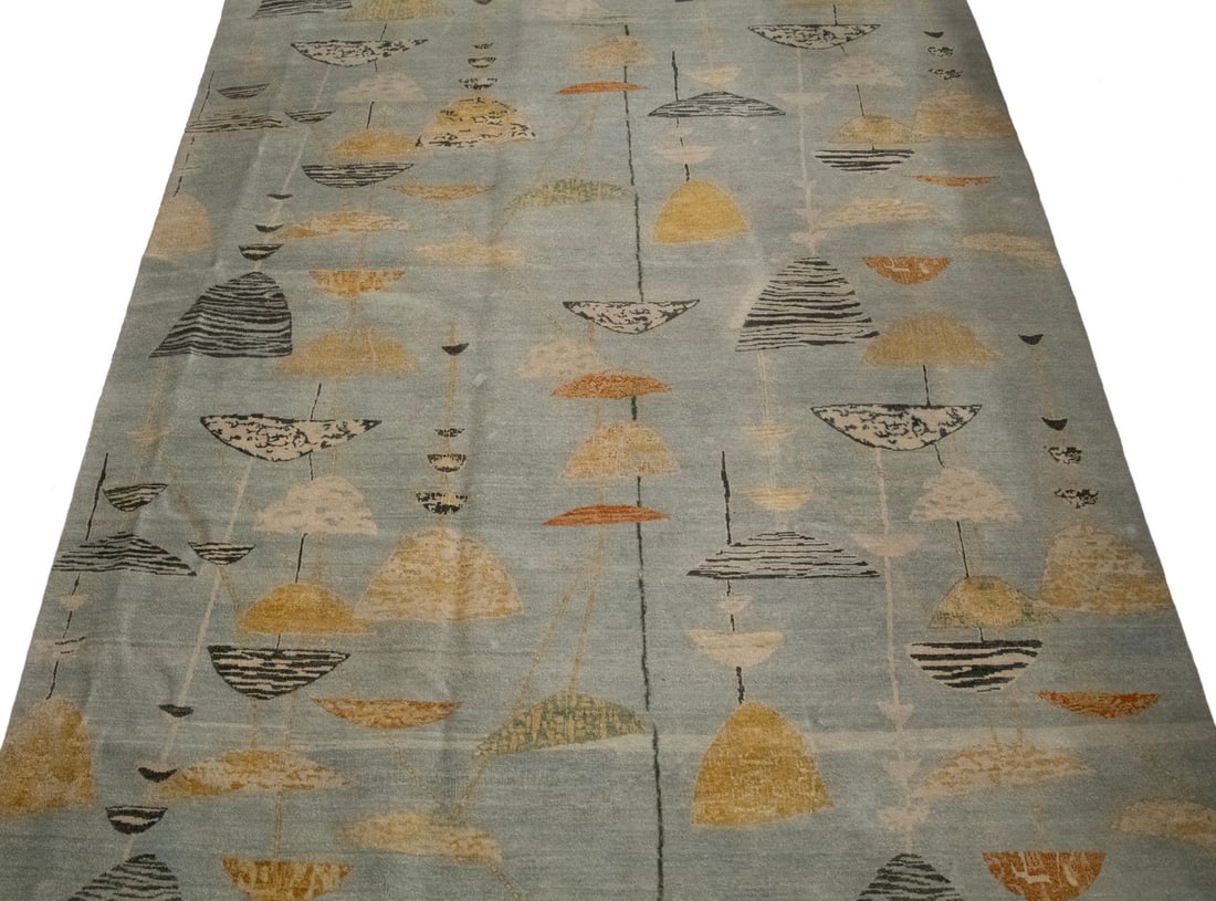 MODERN DESIGN WOOL HAND KNOTTED CARPET (8' X 10'3"): MODERN DESIGN WOOL HAND KNOTTED CARPET (8' X 10'3") From India, made in the late 20th Century. Features an overall design of lamp-shade type motifs in gold, ivory, midnight blue, brick red and beige