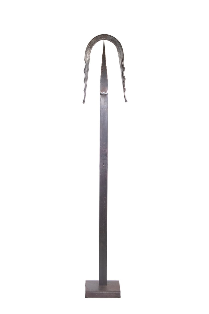 MINIMALIST STEEL SCULPTURE: MINIMALIST STEEL SCULPTURE Balanced Woman, the figure reduced to the fewest possible elements, with a halo of hair balanced on the point of the strut. Stamped with 'CT' in a circle on the base, two
