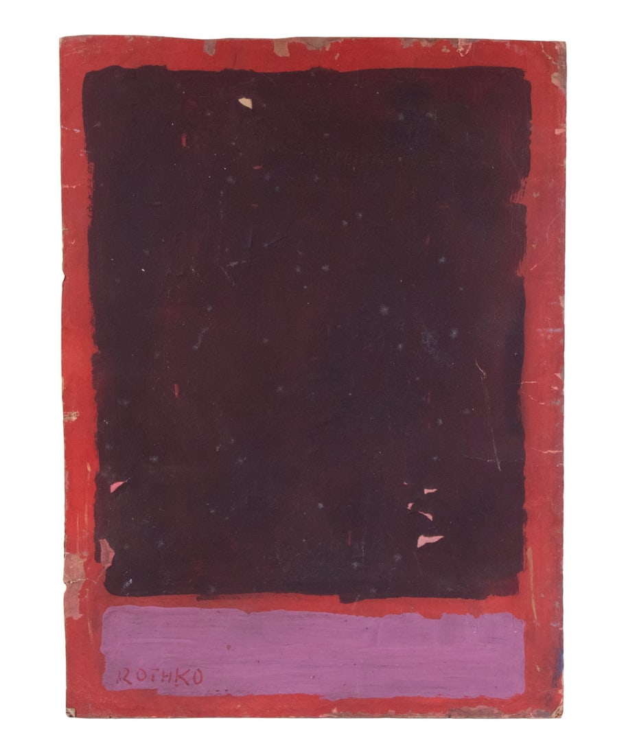 AFTER MARK ROTHKO (NY/UKRAINE/RUSSIA, 1903-1970): AFTER MARK ROTHKO (NY/UKRAINE/RUSSIA, 1903-1970) Untitled Abstract, black, red and pink, gouache on cardboard, signed lower left, various stamps and marks on back. Unframed. Flaking, edge chips and