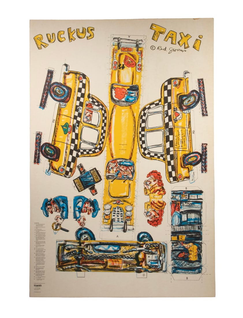 RED GROOMS (NY/TN, 1937 -): RED GROOMS (NY/TN, 1937 - ) "Ruckus Taxi", 1982, lithograph on illustration board, published by the artist and Sparks Lithography Ltd. of Boulder, Co. Size: 36 x 24 in. (91.4 x 61 cm.)
