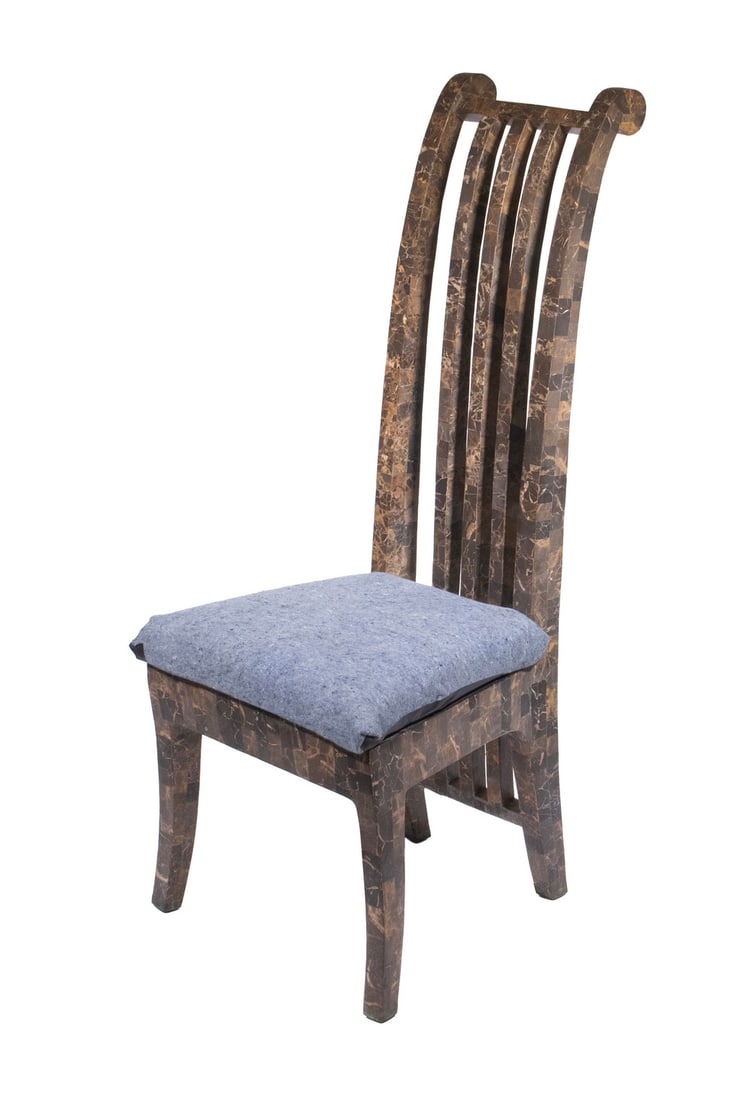 IRIS DE MAURO SOLID MARBLE POST-MODERNIST SIDECHAIR: IRIS DE MAURO SOLID MARBLE POST-MODERNIST SIDECHAIR Tall Reverse Scroll vertical slatted back, in green/ochre marble, probably Italian, with drop-in seat blank. Needs upholstery. OS: 46 x 18 x 17 in.