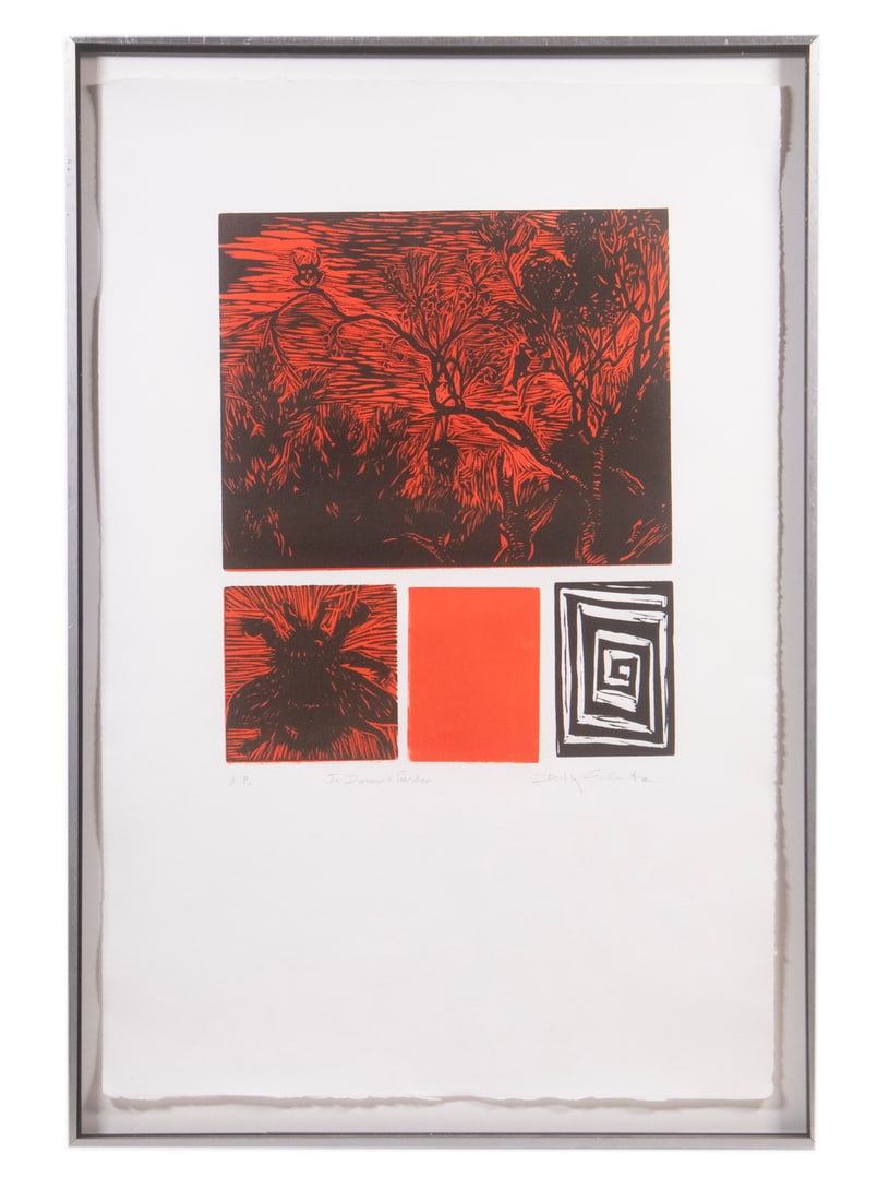DOROTHY 'DEE DEE' SCHWARTZ (ME, 1939-2004): DOROTHY "DEE DEE" SCHWARTZ (ME, 1939-2004) "In Darwin's Garden", 2008, woodcut on Mexican paper, pencil signed, titled and marked as artist's proof, labels verso. Floated within aluminum slat shadowbo