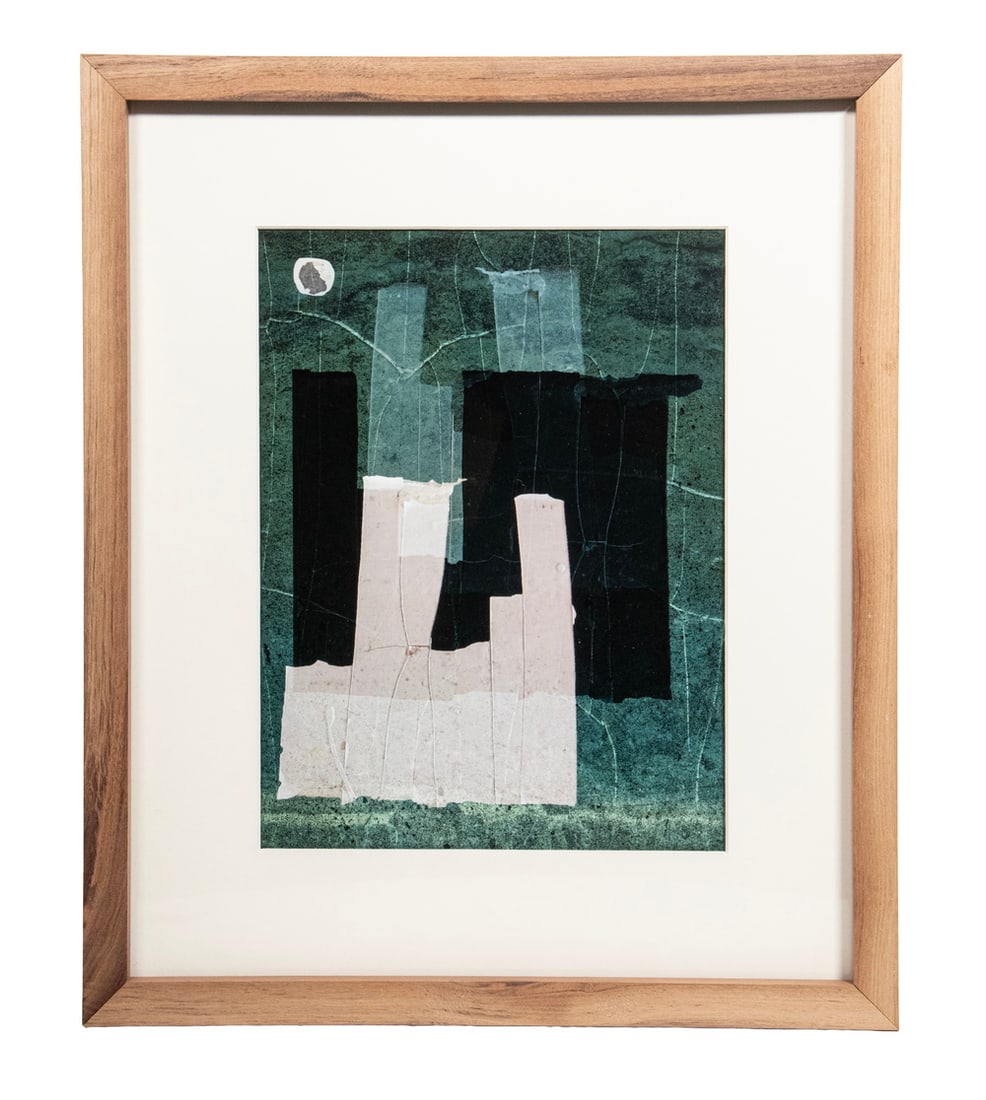 LILIAN DAY THORPE (NY/ME, 1991 -): LILIAN DAY THORPE (NY/ME, 1991 - ) Abstract Photomontage in green, black and tan, unsigned on front, titled and dated with artist's name verso. In birch frame, matted under glass. OS 17 7/8 x 15 in.