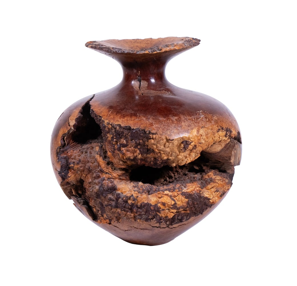 WARREN VIENNEAU (US, CONTEMPORARY) BURL WOOD VASE: WARREN VIENNEAU (US, CONTEMPORARY) BURL WOOD VASE Turned Wooden Sculptural Vessel, with flared live edge rim, bulbous body, signed and dated 1996 on base. Size: 8 x 7 x 7 in. (20.3 x 17.8 x 17.8 cm.)