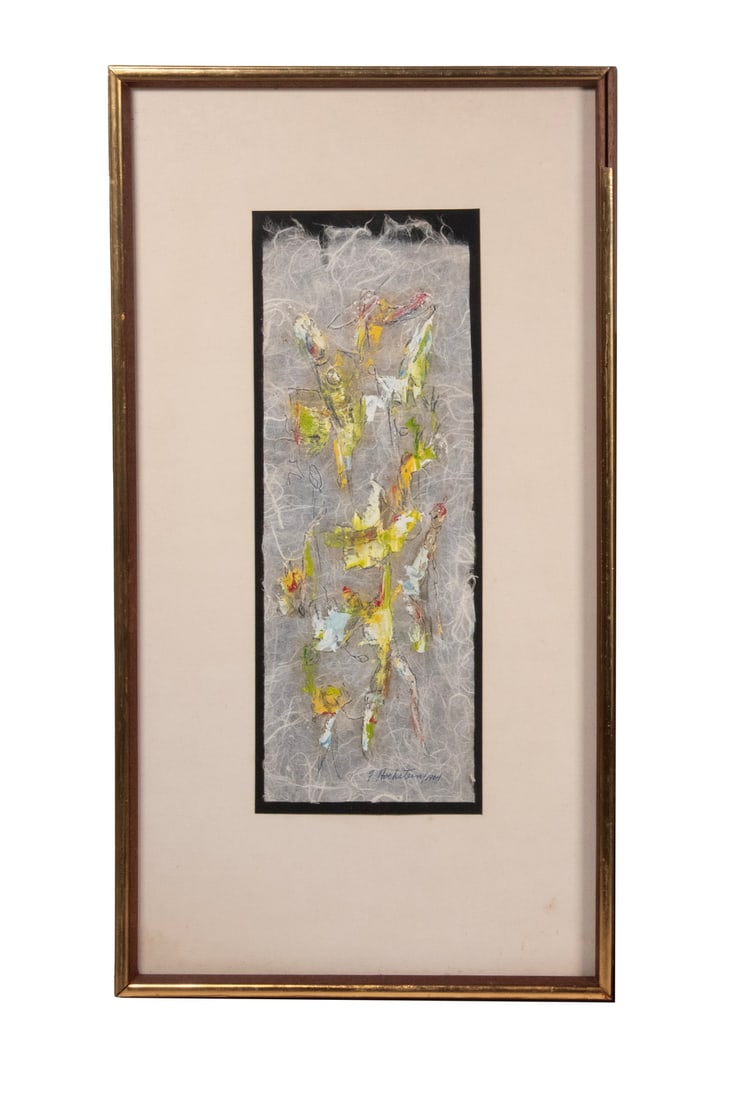 F. HOCHSTEIN (BERKELEY), ABSTRACT FIGURAL COMPOSITION, 1964: F. HOCHSTEIN (BERKELEY), ABSTRACT FIGURAL COMPOSITION, 1964 An abstract mixed media composition on textured paper, depicting dynamic, dance-like human forms in vibrant hues of yellow, green, blue,