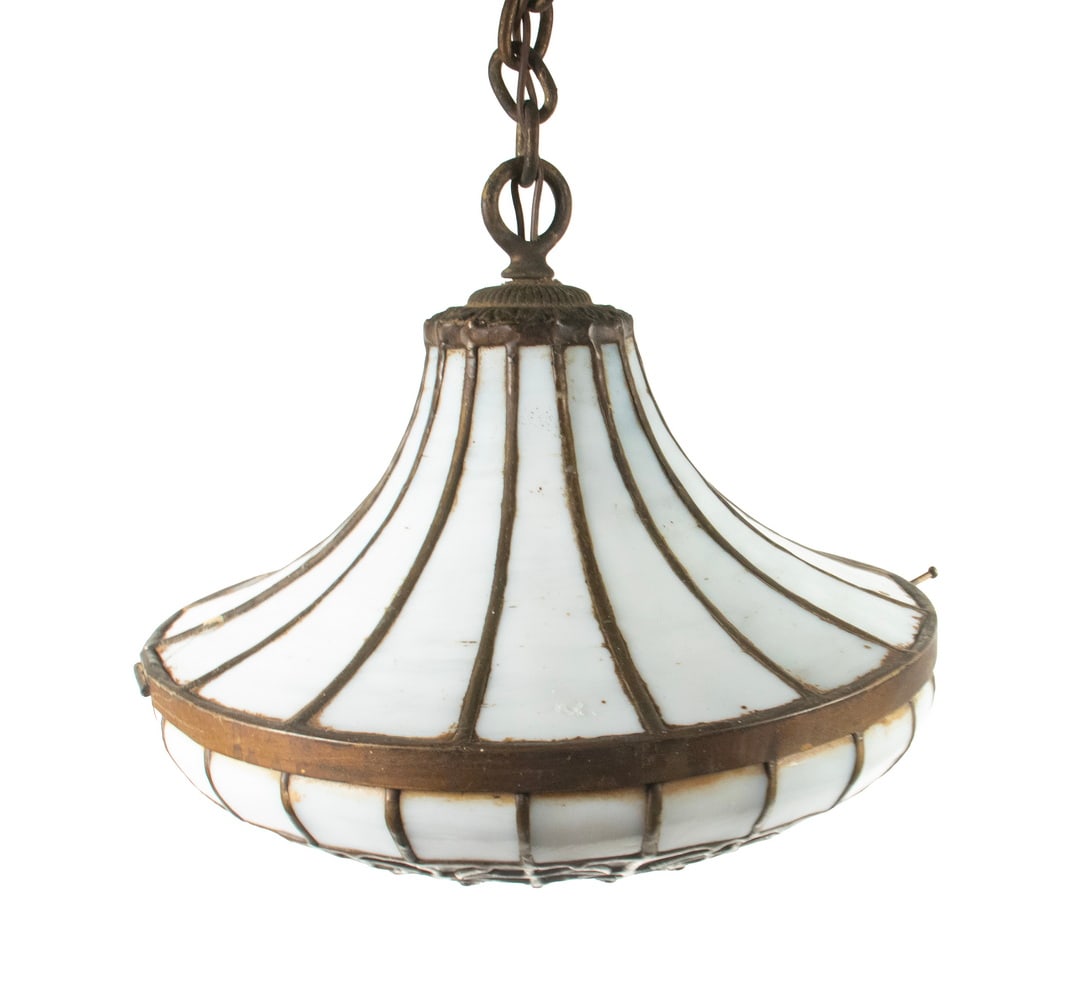 ANTIQUE METAL AND SLAG GLASS HANGING LIGHT FIXTURE (1 of 2)