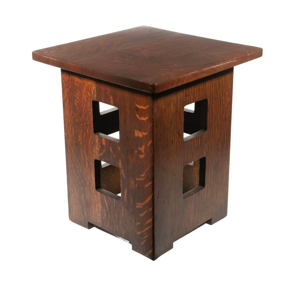 LIMBERT MISSION OAK CUT-OUT TABORET, CIRCA 1910: LIMBERT MISSION OAK CUT-OUT TABORET, CIRCA 1910 Arts & Crafts Period Square Low Table, by Limbert of Grand Rapids, MI. In quartersawn oak with side cut-outs, with maker's mark to underside of top.