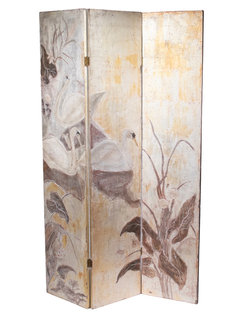 FOLDING SCREEN BY RICHARD KUEHNE (MA, 1919 - 2011): FOLDING SCREEN BY RICHARD KUEHNE (MA, 1919 - 2011) Three-Fold Artist Decorated Screen by Richard Kuehne, signed lower right of right-hand panel, titled "Swan Song" -- because it was the last the