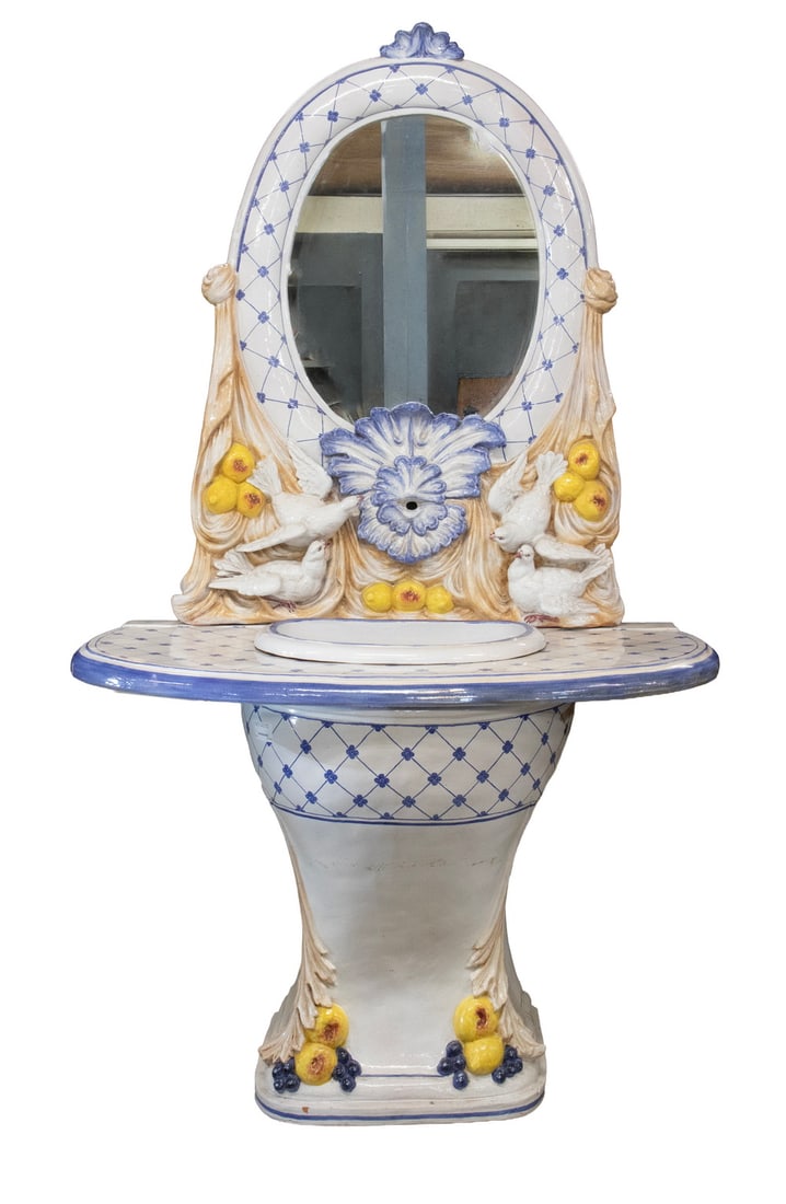 CECCARELLI ITALIAN GLAZED TERRACOTTA MIRROR & SINK: CECCARELLI ITALIAN GLAZED TERRACOTTA MIRROR & SINK Finely Crafted (4) Piece Italian Pottery Mirror with Vanity and Sink Basin, by artisan Ezio Ceccarelli (1865-1927). The mirror with opening for a