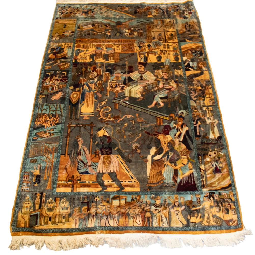 EGYPTIAN EXODUS THEMED FIGURAL CARPET (5' x 8'): EGYPTIAN EXODUS THEMED FIGURAL CARPET (5' x 8') Pictorial Vignettes of the Old Testament with recognizable events like Moses in the bullrushes and descending with the tablets, parting of the Red Sea,