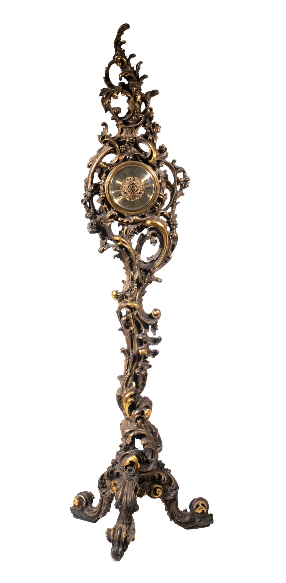 ROCOCO STYLE TALL CLOCK: ROCOCO STYLE TALL CLOCK Floor Standing Clock, with brass face, 8-day time and strike movement with hinged brass bezel and concave glass cover, set in in gilded and polished resin case, with openwork