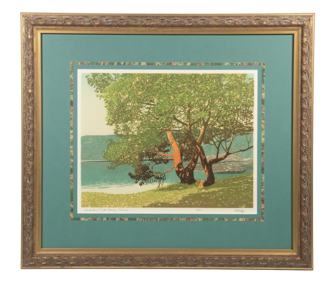 GEORGE WEBER (CANADA, 1907-2002): GEORGE WEBER (CANADA, 1907-2002) "Arbutus, Salt Spring Island," woodblock print, pencil signed, titled and dated 82. Numbered 8/35, in Italian style carved gold frame, matted under glass. Salt Spring