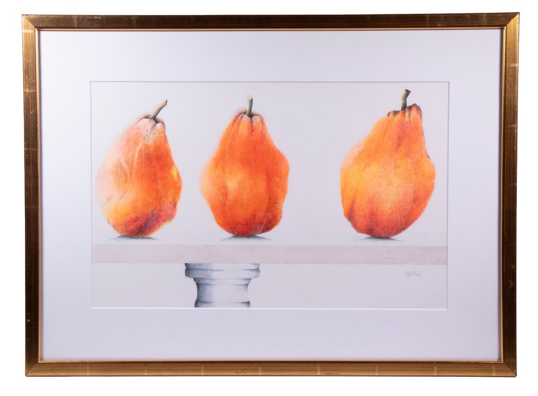 NIELS OBEL (DENMARK, NY, 1947 -): NIELS OBEL (DENMARK, NY, 1947 - ) Red Pears on pedestal marble top table, colored pencil and graphite on Arches paper, pencil signed lower right. In a gold metal leaf frame with white mat, under