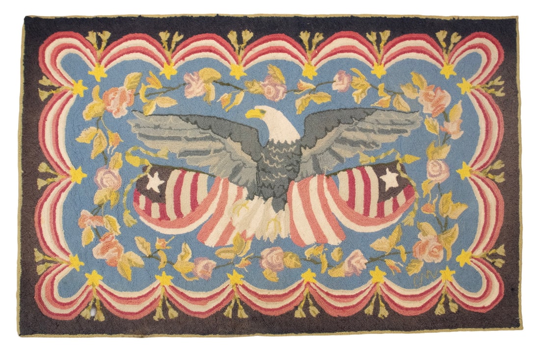 CLAIRE MURRAY HAND MADE 100% WOOL HOOKED RUG: CLAIRE MURRAY HAND MADE 100% WOOL HOOKED RUG US Patriotic Theme of Eagle with crossed furled flags, pink and white swagged border, sky blue field with scattered polychrome blossoms. Label on