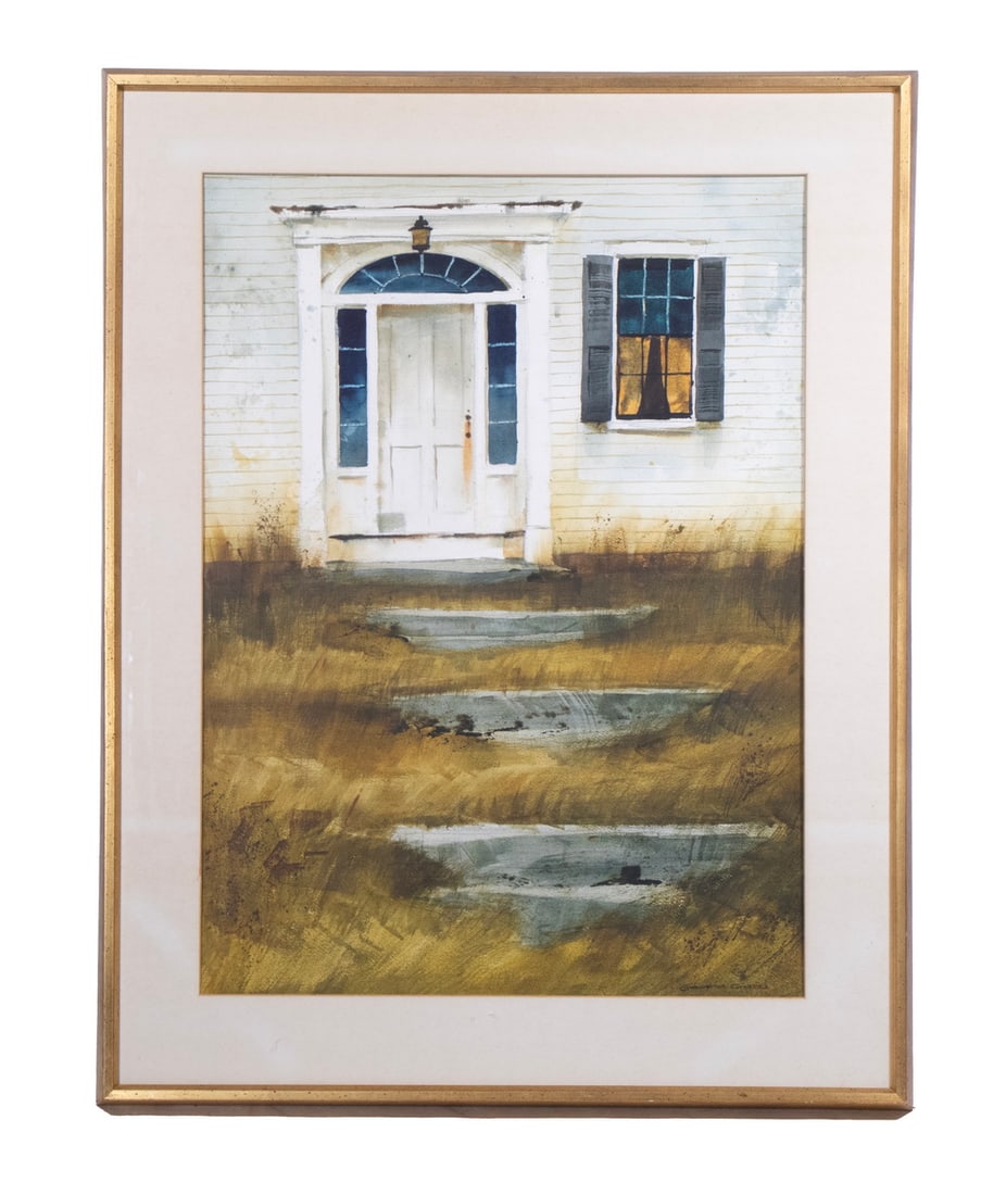 GEORGE SHEDD (MA/NY, 1922-2006): GEORGE SHEDD (MA/NY, 1922-2006) "Old Granite", watercolor on Arches paper, signed lower right, titled on label verso, depicting three old stone steps leading to a Colonial front door. In mitered gold