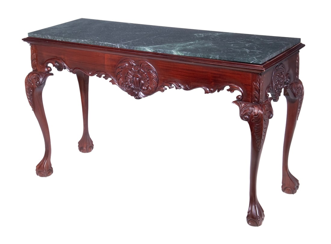 CHIPPENDALE STYLE MARBLE TOP PIER TABLE: CHIPPENDALE STYLE MARBLE TOP PIER TABLE Custom Carved Cherry Wood Entry Table, with mottled green marble top, scroll and anthemion design carved frieze, set on cabriole legs with carved knees, and