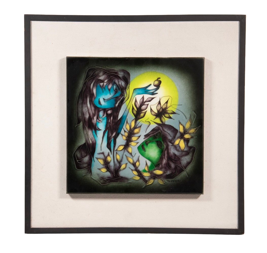 JOSEPH TRIPPETTI (NY, 1923 - ?): JOSEPH TRIPPETTI (NY, 1923 - ?) "Adam and Eve," cloisonne enamel on tile, signed lower right in image, artist's CV verso. Mounted on white Masonite with black box frame. OS 16 x 16 in. (40.6 x 40.6