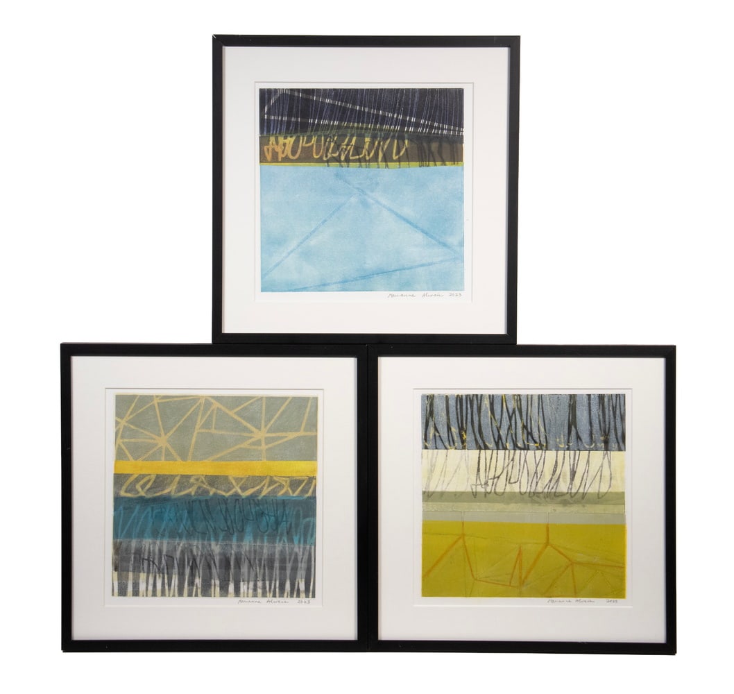 MARIANNE ALWEIS (CONTEMPORARY DEER ISLE, MAINE): MARIANNE ALWEIS (CONTEMPORARY DEER ISLE, MAINE) (3) monotype prints, including: "Penobscot Bay," "Crockett Cove," & "Mill Pond," all pencil signed, titled and dated 2023. In matching black metal