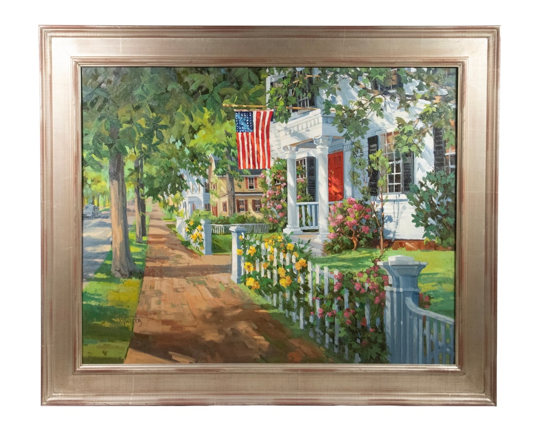 LINE TUTWILER (CONTEMPORARY INDIANA): LINE TUTWILER (CONTEMPORARY INDIANA) "An American Neighborhood," oil on canvas, signed lower left, titled verso. In silver leaf molded panel frame. OS: 30 x 36 in. (76.2 x 91.4 cm.), SS: 23 1/2 x 29