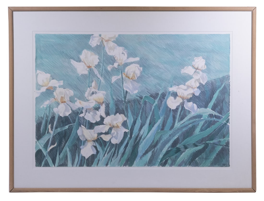 ELLEN MURPHY DUGAN (20TH C. MASS.): ELLEN MURPHY DUGAN (20TH C. MASS.) White Lilies, mixed media on sheet of deckled Arches paper, signed lower right. In an oak bullnose frame, floated within mat, glazed. Fine condition. OS: 36 x 48