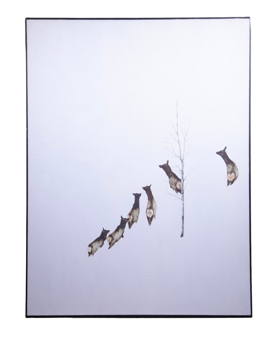 LARGE UNSIGNED WILDIFE PAINTING, LATE 20TH C.: LARGE UNSIGNED WILDIFE PAINTING, LATE 20TH C. Elk Herd on Snowy Slope with Single Young Aspen, oil on canvas. Unsigned, in black slat frame. OS: 44 1/2 x 33 1/2 x 1 in. (113 x 85.1 x 2.5 cm.), SS: 44