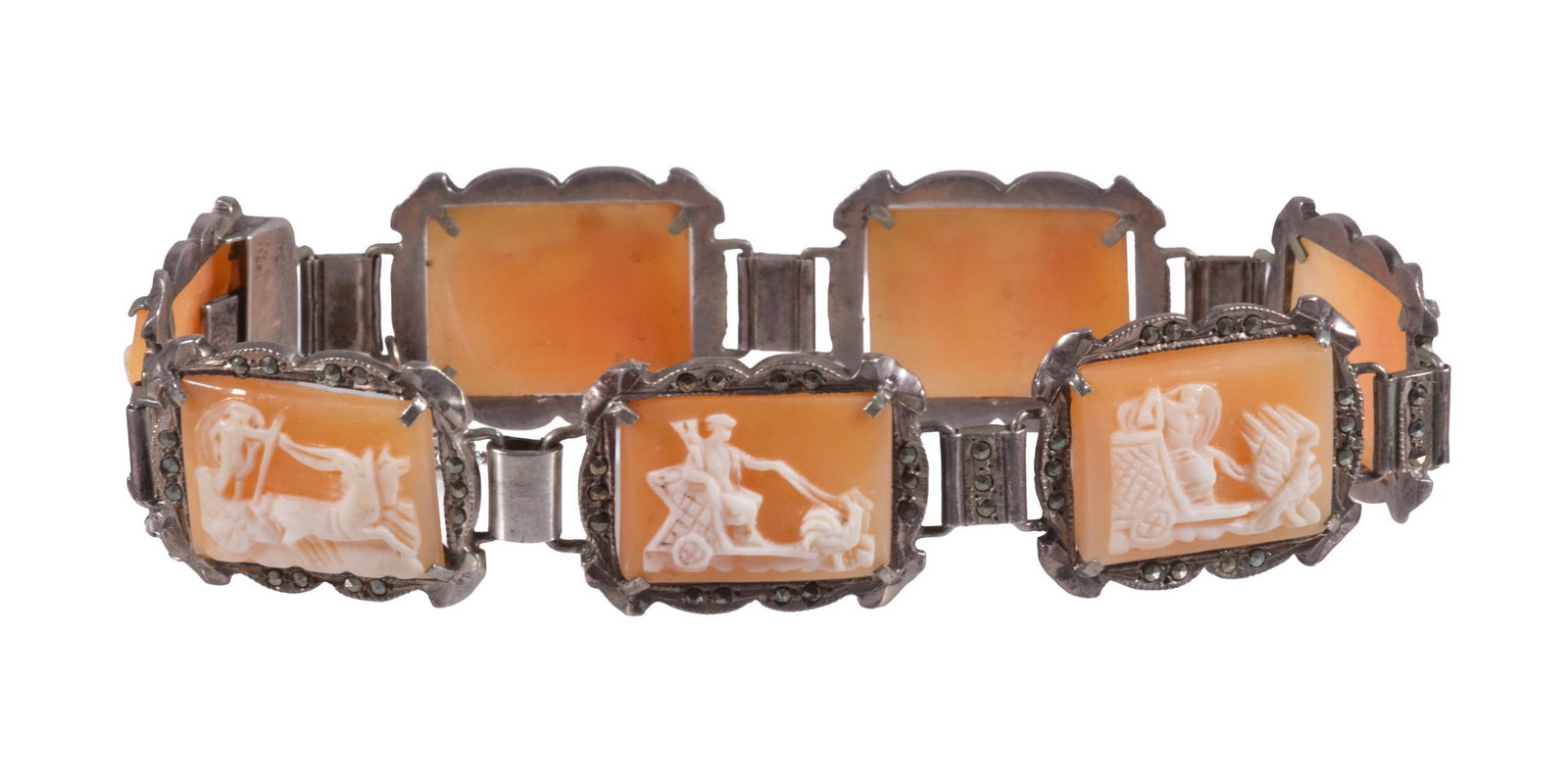 800 SILVER SHELL CAMEO AND MARCASITES BRACELET: 800 SILVER SHELL CAMEO AND MARCASITES BRACELET A vintage silver bracelet composed of (7) rectangular shell cameo panels, each carved with classical figures and scenes inspired by Greek mythology in wh