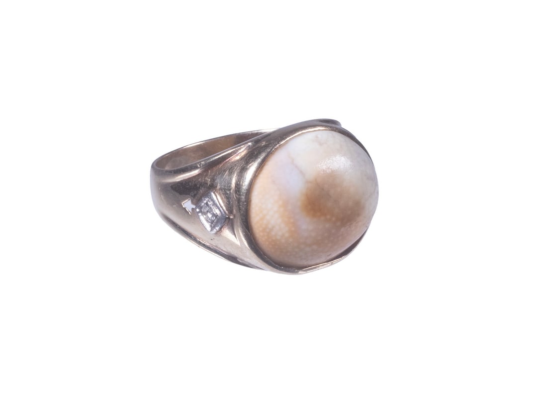 10K GOLD SHELL AND DIAMOND RING: 10K GOLD SHELL AND DIAMOND RING Set with a polished shell cabochon, displaying the natural spiral formation to the underside, flanked by (2) small round-cut diamonds mounted to the shoulders. Marked 1