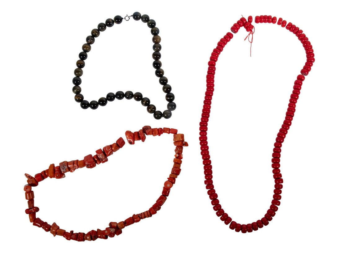 (3) VINTAGE CHINESE NECKLACES: CORAL, FAUX CINNABAR, TIGER?S EYE (1 of 2)