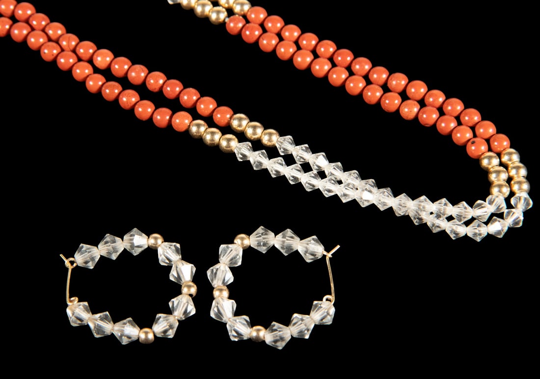 (2) 14K GOLD, RED JASPER, AND SWAROVSKI CRYSTAL NECKLACE WITH MATCHING EARRINGS: (2) 14K GOLD, RED JASPER, AND SWAROVSKI CRYSTAL NECKLACE WITH MATCHING EARRINGS Comprising a necklace strung with red jasper beads and Swarovski crystal beads, accented by 14K gold spacer beads and co