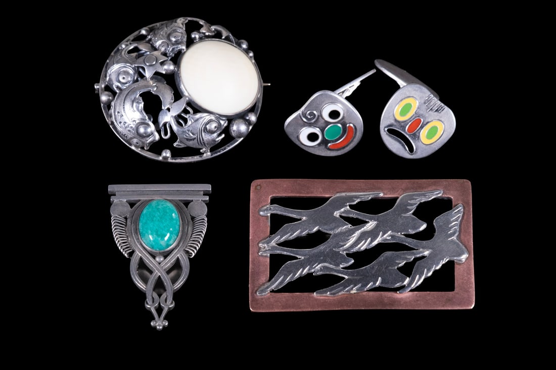 (4) DANISH SILVER JEWELRY ITEMS INCL. GEORG JENSEN AND N.E. FROM: (4) DANISH SILVER JEWELRY ITEMS INCL. GEORG JENSEN AND N.E. FROM A group of four Danish silver jewelry items comprising: a pair of whimsical sterling silver and enamel cufflinks by Erik Magnussen, mar