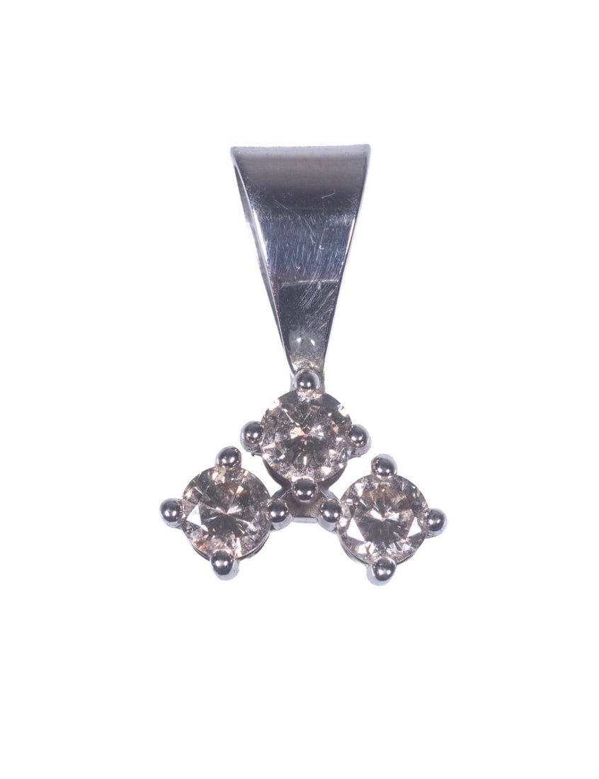 VINTAGE 14K GOLD AND DIAMOND PENDANT: VINTAGE 14K GOLD AND DIAMOND PENDANT The pendant set with (3) round brilliant-cut diamonds measuring approximately 3.79 mm each, accented by small round diamonds. Total diamond weight approximately 0.