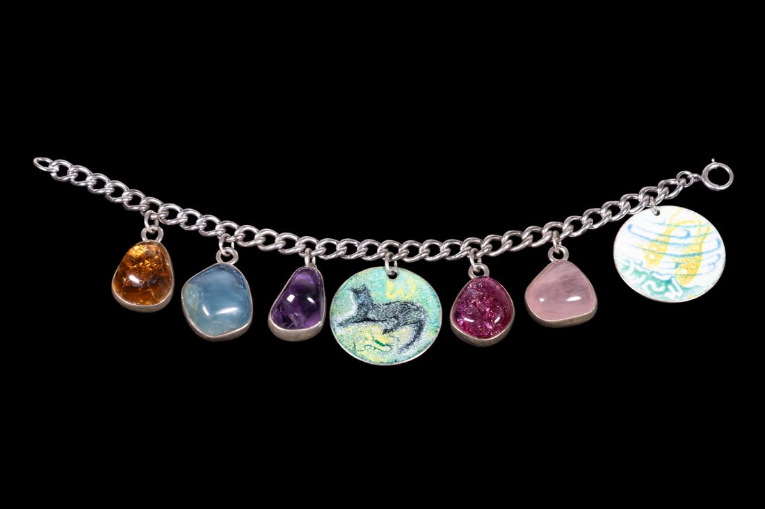 STERLING SILVER ENAMEL AND GEMSTONE CHARM BRACELET (1 of 4)