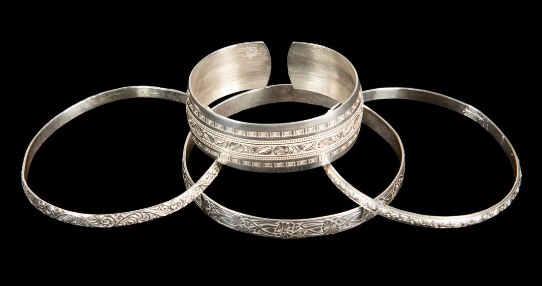 (4) STERLING BRACELETS - (3) BANGLES & (1) CUFF (1 of 2)