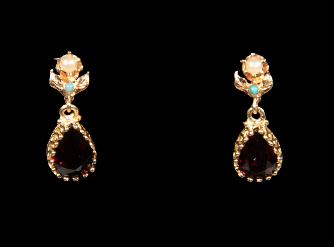 PR 14K GOLD PEARL, TURQUOISE, AND GARNET DROP EARRINGS: PR 14K GOLD PEARL, TURQUOISE, AND GARNET DROP EARRINGS Each earring set with a small pearl and turquoise accent at the top, suspending a pear-shaped garnet drop measuring approximately 9.97 x 6.90 mm.