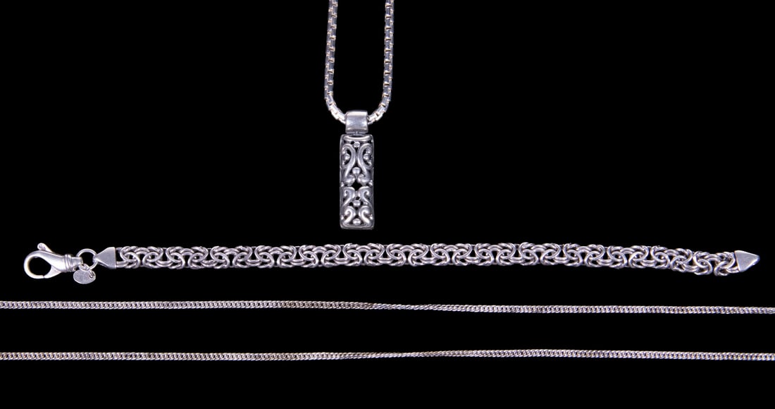 (3) STERLING SILVER CHAINS AND BRACELET: (3) STERLING SILVER CHAINS AND BRACELET A group of three sterling silver items, including a double-strand chain fitted with a swivel watch hook clasp, a box-link chain suspending a rectangular scrollw