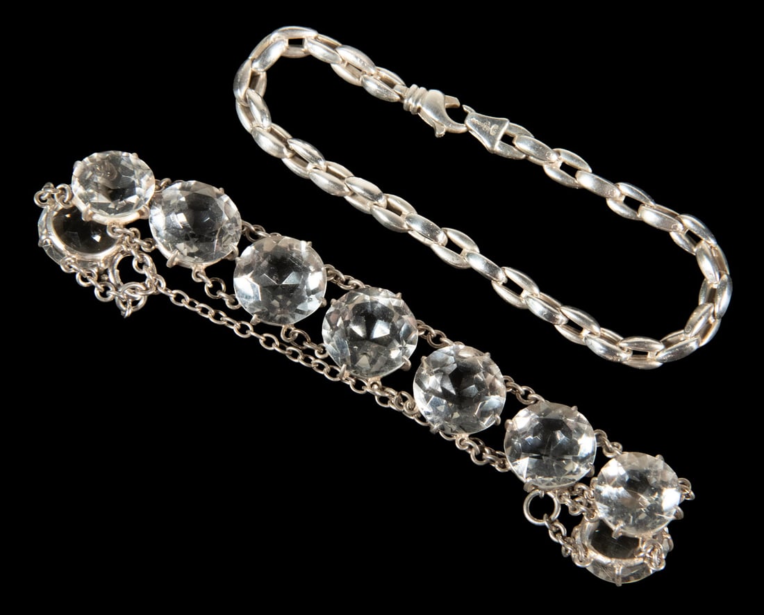 (2) STERLING SILVER BRACELETS, ONE WITH ROCK CRYSTAL QUARTZ: (2) STERLING SILVER BRACELETS, ONE WITH ROCK CRYSTAL QUARTZ Including a sterling silver link bracelet; together with a sterling silver bracelet set with (9) round faceted rock crystal quartz, each